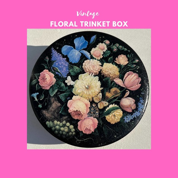 Hand-painted Black Floral lacquer box Vintage Tin Tole Trinket Bowl with Cover - Picture 2 of 10